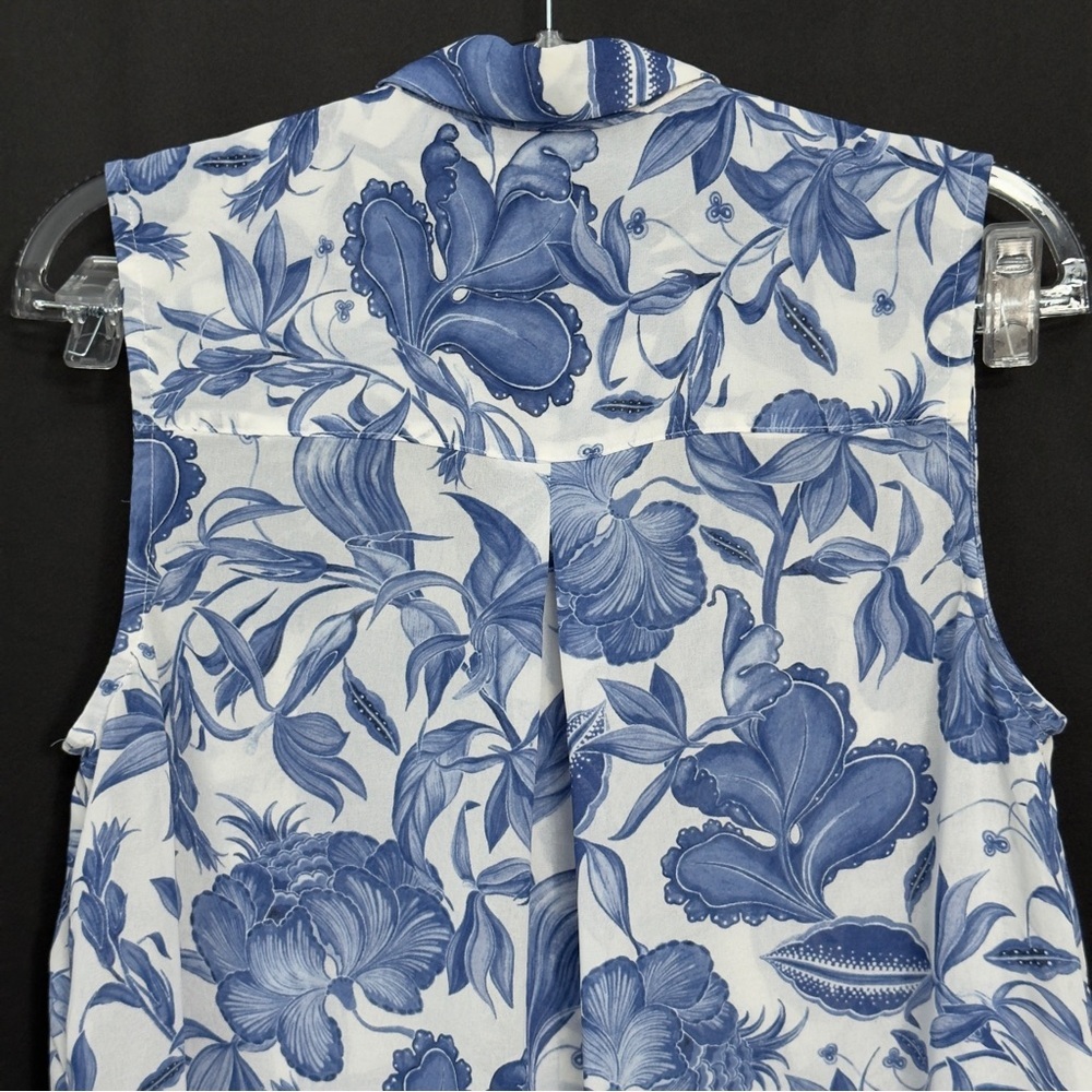 H&M Womens 2 Blue White Floral Sleeveless Button Front Blouse Sheer - Picture 3 of 10